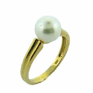 14 karat yellow gold ring featuring a pearl. Pearl is the birthstone for June.