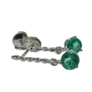 14 karat white gold drop earrings featuring 2 = 0.29ctw emeralds. These stunning earrings are a custom design by David. Emeralds are the birthstone for May.
