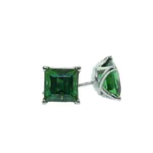 A cute pair of 14 karat white gold stud earrings. Showcasing two square shaped green Tourmalines totaling 2.37 carats. The perfect gift for 8th anniversaries.