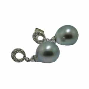 14 karat white gold drop earrings featuring 12mm Tahitian pearls and accented with 0.08ctw round brilliant cut diamonds. Pearl is the birthstone for June.