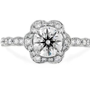 18K white gold halo engagement ring set with a 0.50ct CZ and accented with 0.79cttw G/H, VS-SI round brilliant cut Hearts On Fire diamonds. This ring style is discontinued and no longer available to reorder.
