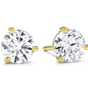 18K Yellow gold Three prong stud earrings set with 2 Hearts On Fire diamonds, 0.38 - 0.44cttw, I/J, VS-SI.