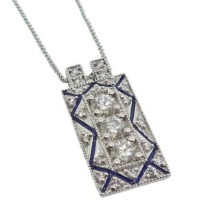 18K White gold Vintage Rectangle Diamond Pendant with blue enamel accents by Hearts On Fire, set with ideal cut, round brilliant cut Hearts On Fire diamonds, 0.80 carat total weight, G/H, VS-SI.