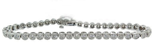 14 karat white gold tennis bracelet bead set with 47 ideal, round brilliant cut diamonds by Hearts on Fire, 2.44 total carat weight, I/J, SI.
