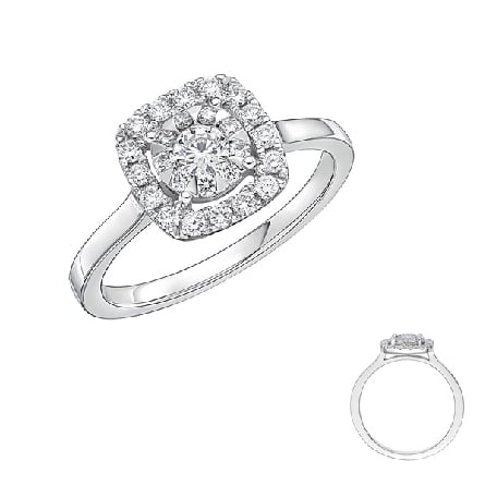 14 karat white bouquet design halo engagement ring featuring 0.58ctw very good cut, G/H, SI1-I1 round brilliant cut diamonds.