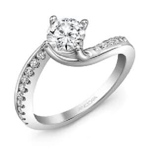 14 karat white bypass solitaire engagement ring accented by 28 = 0.29ctw very good cut G/H, SI round brilliant cut diamonds.