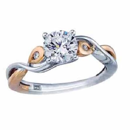 14 Karat white and rose gold split shank twist engagement ring by Frederic Sage showcasing a claw set 0.50 ct CZ accented with 2 side diamonds totaling 0.03 cttw semi-bezel set in rose gold. Available in 14K gold, 18K gold, or platinum. This ring can be made in any combination of white, pink or yellow gold and can be customized to accommodate different size and shape diamonds, by special order. Priced without a center gemstone. Let us find you the perfect center that fits your tastes and budget!