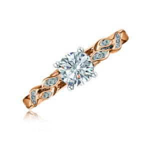 14K Rose gold engagement ring by Frederic Sage with a 1.00ct round CZ claw set in the diamond accented white gold head and with 18 pave set round brilliant cut diamonds arranged in a leaf pattern on the band and profile are totaling0.07cttw. Available in 14K gold, 18K gold, or platinum. This ring can be made in any combination of white, pink or yellow gold and can be customized to accommodate different size and shape diamonds, by special order. Priced without a center gemstone. Let us find you the perfect center that fits your tastes and budget!