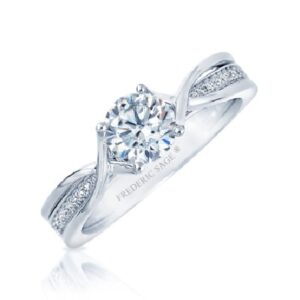 14K White gold split band engagement ring by Frederic Sage claw set with a 0.75ct round CZ and pave set on the band with 24 round brilliant cut diamonds, 0.09cttw, G/H, VS-SI. Available in 14K gold, 18K gold, or platinum. This ring can be made in any combination of white, pink or yellow gold and can be customized to accommodate different size and shape diamonds, by special order. Priced without a center gemstone. Let us find you the perfect center that fits your tastes and budget!