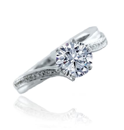 14K White gold Frederic Sage engagement ring with 0.75ct round CZ set into a six prong centre and accented on the band with 22 round brilliant cut diamonds, 0.08cttw, G/H, VS-SI. Available in 14K gold, 18K gold, or platinum. This ring can be made in any combination of white, pink or yellow gold and can be customized to accommodate different size and shape diamonds, by special order. Priced without a center gemstone. Let us find you the perfect center that fits your tastes and budget!