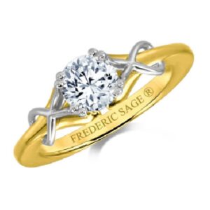 14K Yellow gold Frederic Sage engagement ring with white gold accents featuring a double claw set round 0.75ct CZ center. Available in 14K gold, 18K gold, or platinum. This ring can be made in any combination of white, pink or yellow gold and can be customized to accommodate different size and shape diamonds, by special order. Priced without a center gemstone. Let us find you the perfect center that fits your tastes and budget!