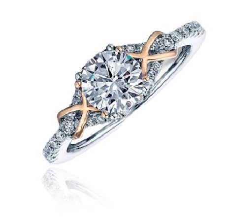 14K White gold engagement ring with rose gold accents on the band by Frederic Sage with a 0.75 carat CZ featured on the white gold diamond band claw set with 36 round brilliant cut diamonds, 0.27cttw. Available in 14K gold, 18K gold, or platinum. This ring can be made in any combination of white, pink or yellow gold and can be customized to accommodate different size and shape diamonds, by special order. Priced without a center gemstone. Let us find you the perfect center that fits your tastes and budget!