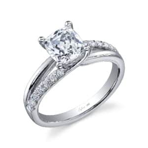 Brighton modern cushion cut split shank engagement ring by Sylvie Collection featuring 0.23ctw G/H, VS-SI round brilliant cut diamonds.