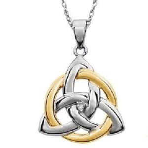 14k white and yellow gold diamond Celtic knot pendant featuring a 0.004ctw round brilliant cut diamond.