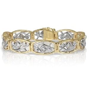 14k white and yellow gold open design bracelet bezel set with 1.02cttw, G/H, SI1-2 of princess cut and round brilliant cut diamonds.