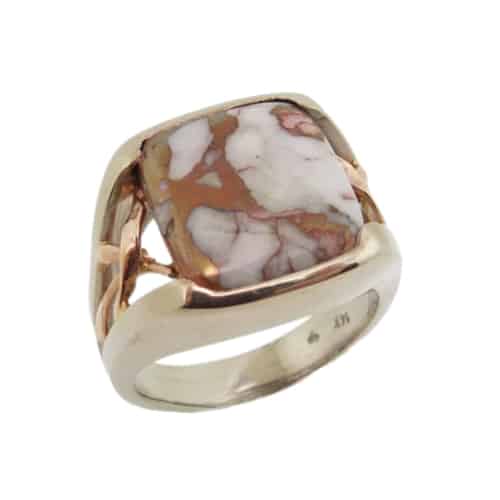 14 karat rose and white gold ring featuring quartz and copper. This stunning ring is a custom design by David.
