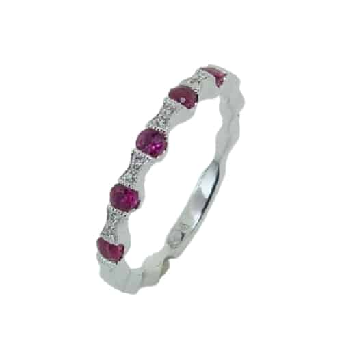 14 karat white gold band set with 5 = 0.02ctw H/I, SI round brilliant cut diamonds and 5 = 0.28ctw of rubies.