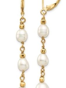 14 karat yellow lever back drop earrings featuring white freshwater pearls.