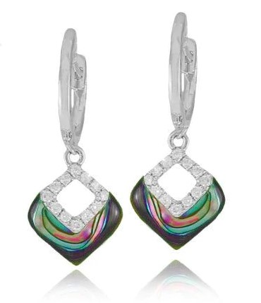 14 karat white drop earrings by Frederic Sage featuring Abalone and 24 = 0.18ctw round brilliant cut diamonds.