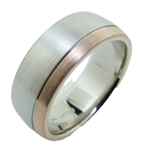 14 Karat white and rose gold two-tone domed 8mm band with a satin finish and polish stripe. This ring is available in 14K/18K white, yellow or rose gold and platinum and in any width or finish.