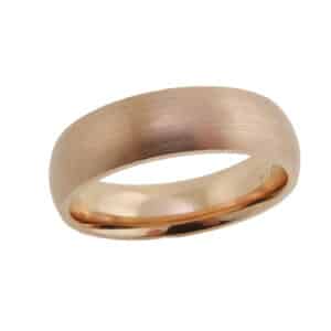 14K Rose gold tiffany style domed comfort fit men's 6mm wide band with stainless brushed finish. This ring is available in 14K/18K white, yellow or rose gold and platinum and in any width or finish.