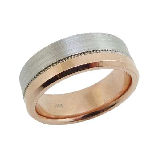 14 Karat rose & white gold 7.5mm flat two-tone band with a stainless and polished texture with milgrain detail and polished rose gold sleeve. This ring is available in 14K/18K white, yellow or rose gold and platinum and in any width or finish.