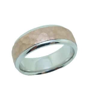 14K White and rose gold men's domed 8 mm band with white gold in polished edges and rose gold hammered texture with stainless finish centre. This ring is available in 14K/18K white, yellow or rose gold and platinum and in any width or finish.