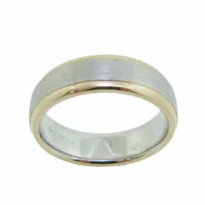 14K White and yellow gold domed men's 6.5mm band with stainless finish white gold centre and polished yellow gold edges. This ring is available in 14K/18K white, yellow or rose gold and platinum and in any width or finish.