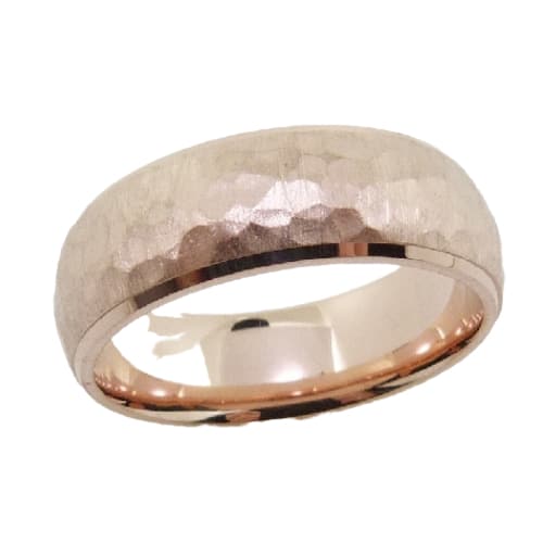 14 Karat rose gold 7.5mm polished edge with hammered stainless texture domed band. This ring is available in 14K/18K white, yellow or rose gold and platinum and in any width or finish