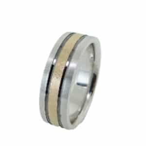 14K White gold pipestyle, comfort fit 7mm band with yellow gold textured inlay accented with black rhodium stripes. This ring is available in 14K/18K white, yellow or rose gold and platinum and in any width or finish.
