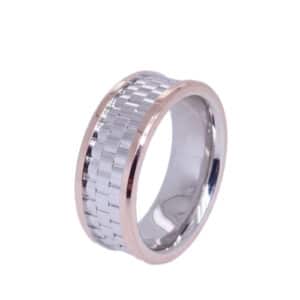 14K White and rose gold custom men's 8mm band with textured centre and polished finish. This ring is available in 14K/18K white, yellow or rose gold and platinum and in any width or finish.