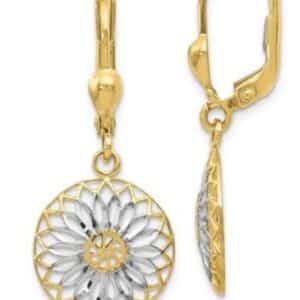 .10 karat yellow gold and rhodium modern design leverback earrings.
