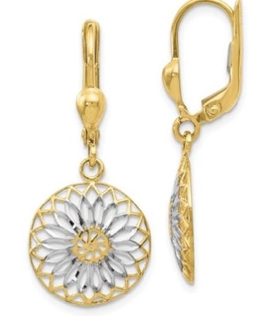 .10 karat yellow gold and rhodium modern design leverback earrings.