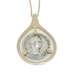 14 karat yellow gold pendant set with a Roman Imperial coin AD 99. This pendant is a custom design by David.