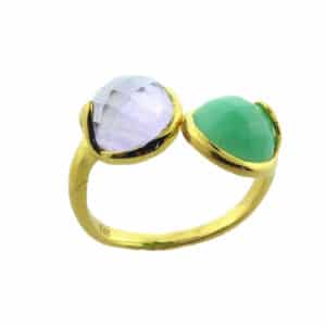 18 karat yellow gold plated sterling silver ring set with an amethyst and a chrysoprase.
