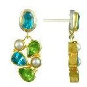 Sterling silver earrings bezel set with peridot, blue topaz and freshwater pearls. These earrings are accented with 22 karat yellow gold vermeil. These stunning earrings are part of the Michou Collection.