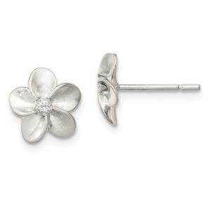 Sterling silver and cubic zirconia flower stud earrings.