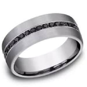 Satin finished 7.5mm wide Tantalum comfort-fit diamond band with 20 channel set round brilliant cut, ideal cut black diamonds, totaling 0.40ct.