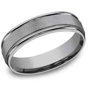 Men's tantalum alternative metal domed band with wire brush texture in the centre and polished edges, 6mm, size 10.
