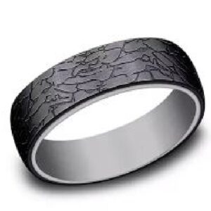Men's tantalum and black titanium alternative metal domed band with fractured rock texture, 6.5mm, size 10.
