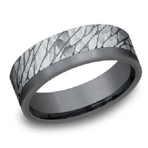 Black tantalum men's band with hammered pebble finished 14K white gold asymmetrical inlay two-tone alternative metal pipestyle band, 7mm wide, size 10.