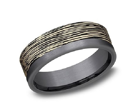 Black tantalum men's band and treebark finish 14K yellow gold asymmetrical inlay two-tone alternative metal pipestyle band, 7mm wide, size 10.