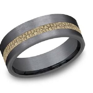 Black tantalum men's band with 14K textured yellow gold inlay two-tone men's alternative metal pipestyle band, 7mm wide, size 10.