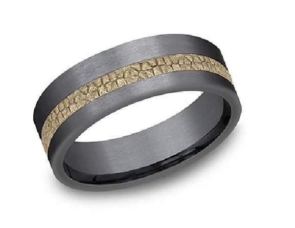 Black tantalum men's band with 14K textured yellow gold inlay two-tone men's alternative metal pipestyle band, 7mm wide, size 10.