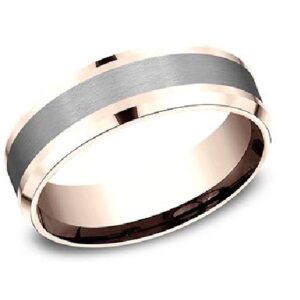 14K polished rose gold with a black titanium inlay two-tone men's alternative metal pipestyle band, 7mm wide, size 10.