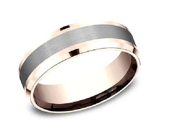 14K polished rose gold with a black titanium inlay two-tone men's alternative metal pipestyle band, 7mm wide, size 10.