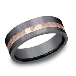 14K hammered rose gold and darkened tantalum asymmetrical two-tone men's alternative metal pipestyle band, 7mm wide, size 10.