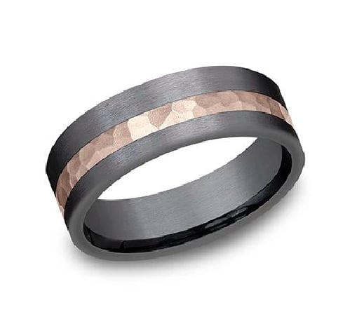 14K hammered rose gold and darkened tantalum asymmetrical two-tone men's alternative metal pipestyle band, 7mm wide, size 10.