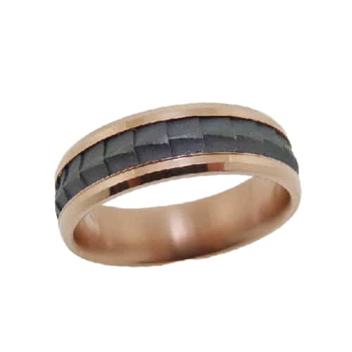 14K Rose gold and titanium 7mm wide "crocodile spine" textured wedding band by Benchmark.