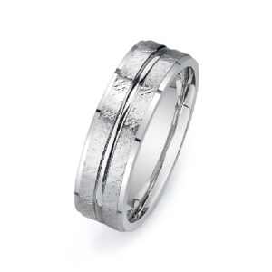 14K White gold men's domed 6.5mm band with florentine finish and polished details.